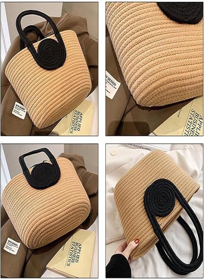 UNNAK Cotton Jute Rope Durable Small Size Tote Bag, Dual Tone,Attractive Hand Bag | Small Tote | Summer Bucket | Bamboo Beach Basket for Women | Boho Handbag | Jute Handmade | Black And Beige - Image 2